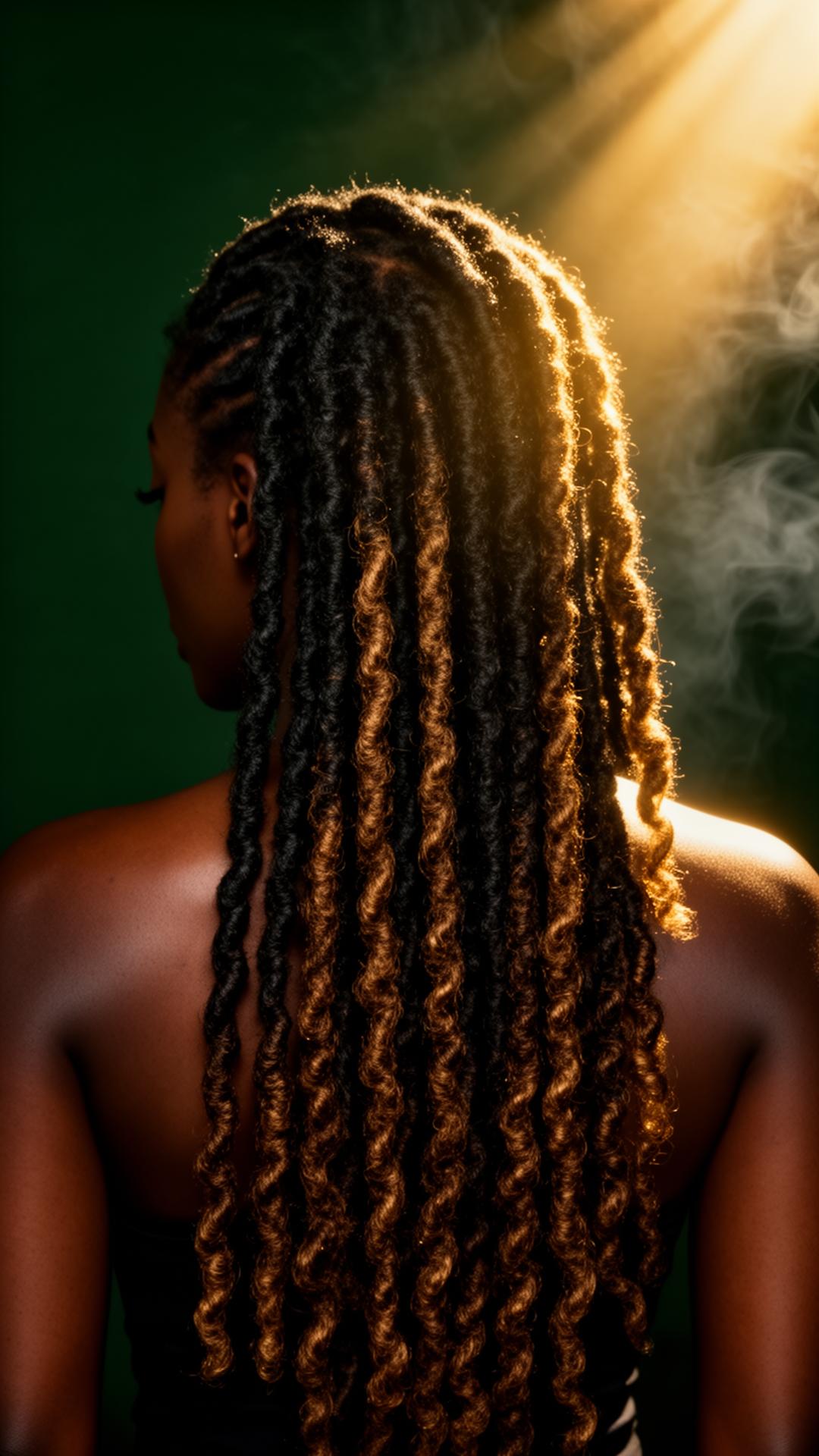 Healthy locs catching golden light